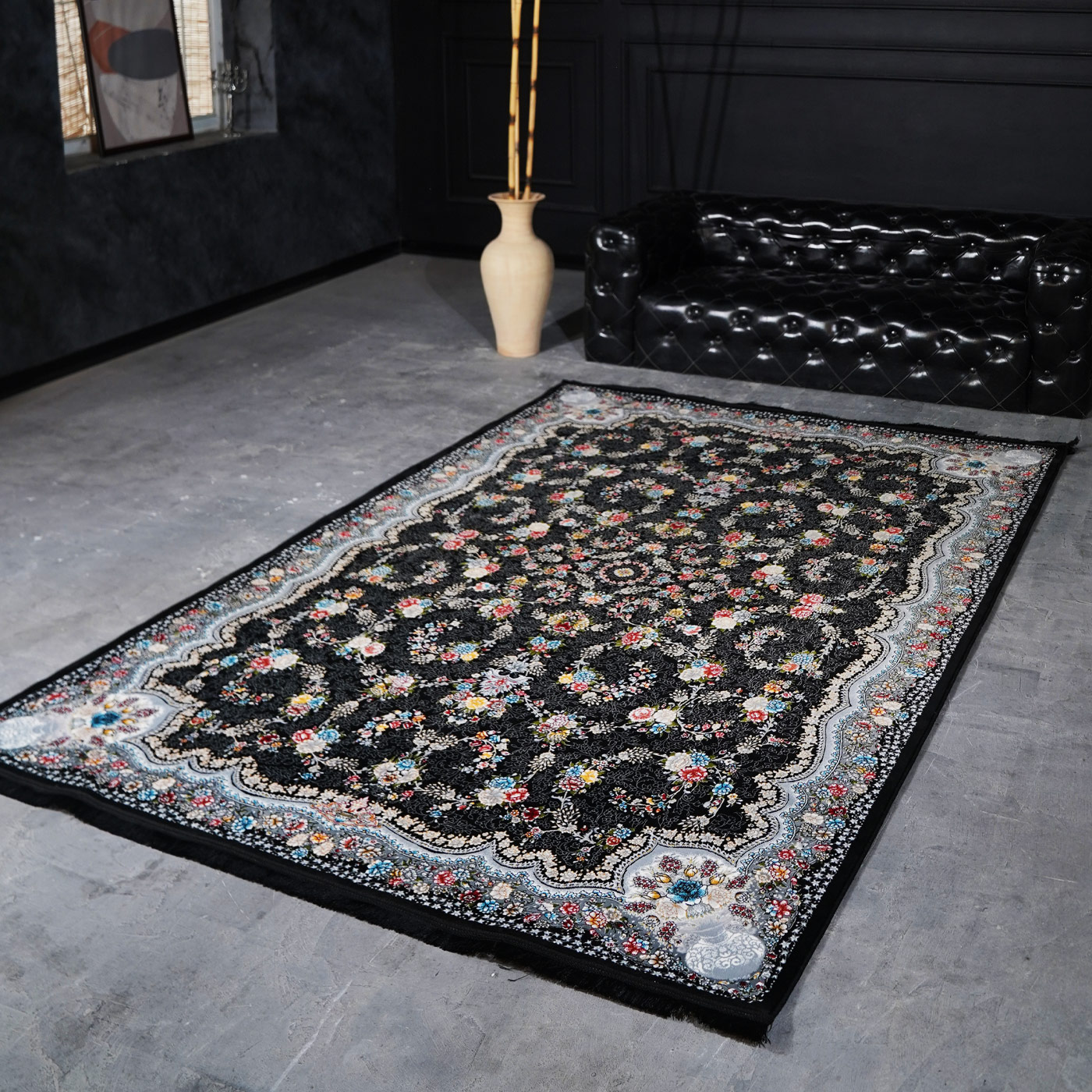 فرش ماشینی 700 شانه تراکم 2550 طرح لاویا سرمه ای