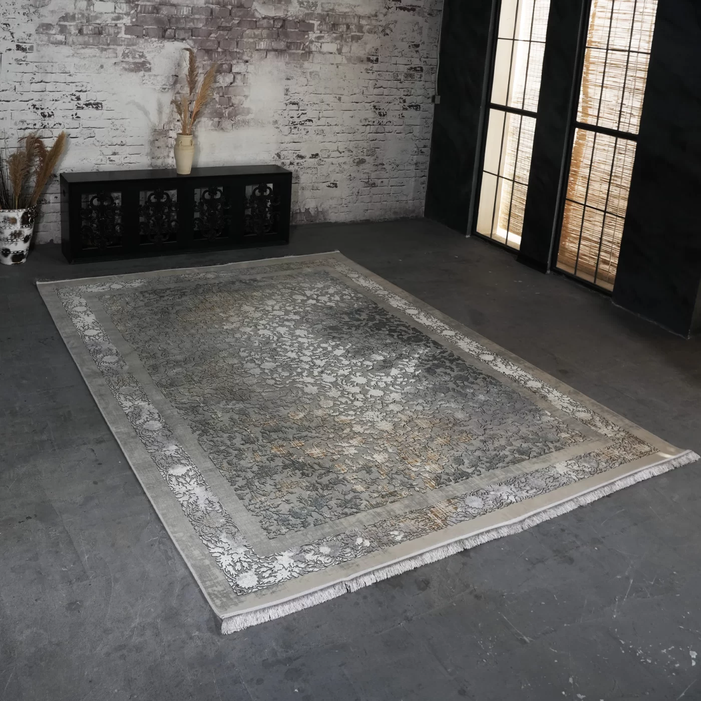 فرش ماشینی 1200 شانه تراکم 3600 گل برجسته طرح لینا بژ