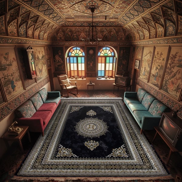 فرش ماشینی ۱۲۰۰ شانه تراکم ۳۶۰۰ گل برجسته طرح لیانا سرمه ای