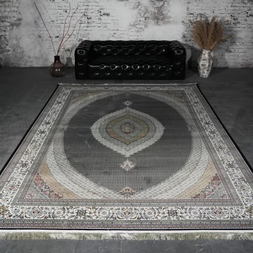 فرش ماشینی 1200 شانه تراکم 3600 گل برجسته طرح ماهی صدف سرمه ای