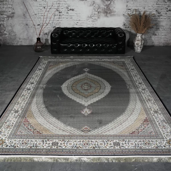 فرش ماشینی 1200 شانه تراکم 3600 گل برجسته طرح ماهی صدف سرمه ای