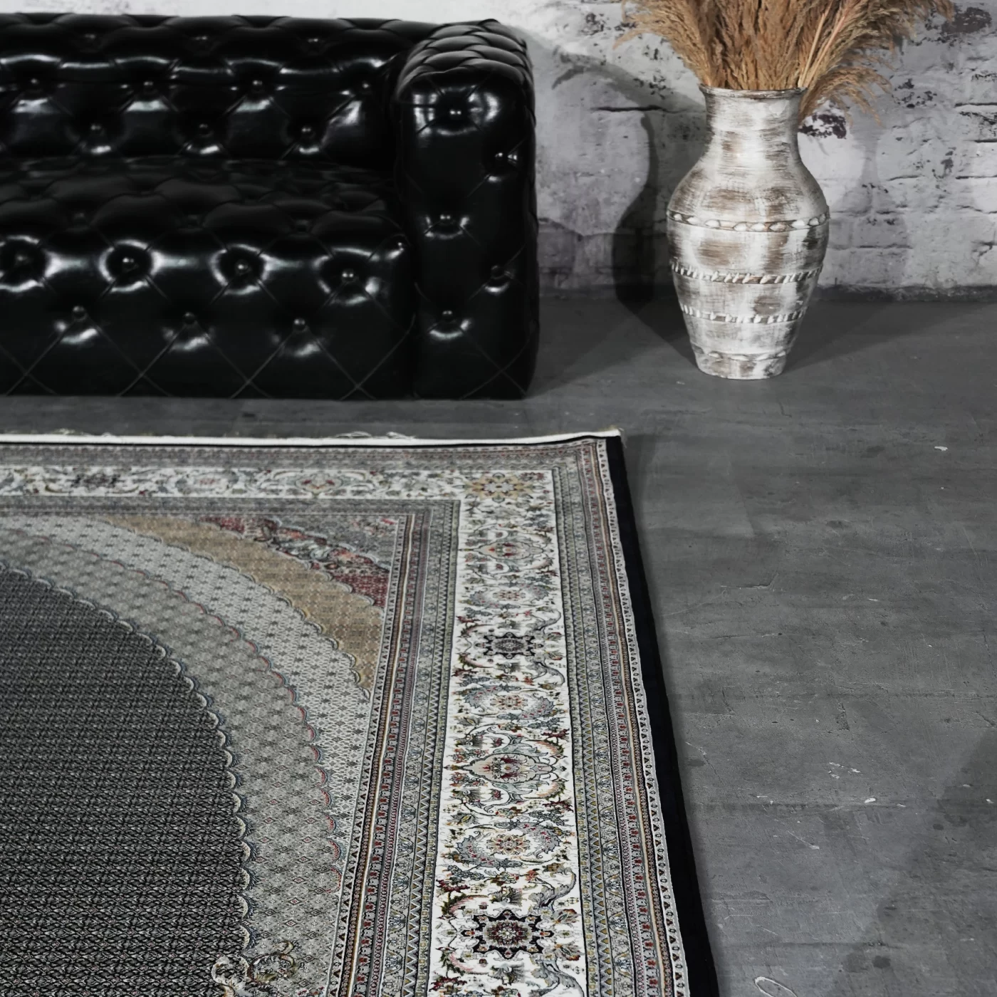 فرش ماشینی 1200 شانه تراکم 3600 گل برجسته طرح ماهی صدف سرمه ای