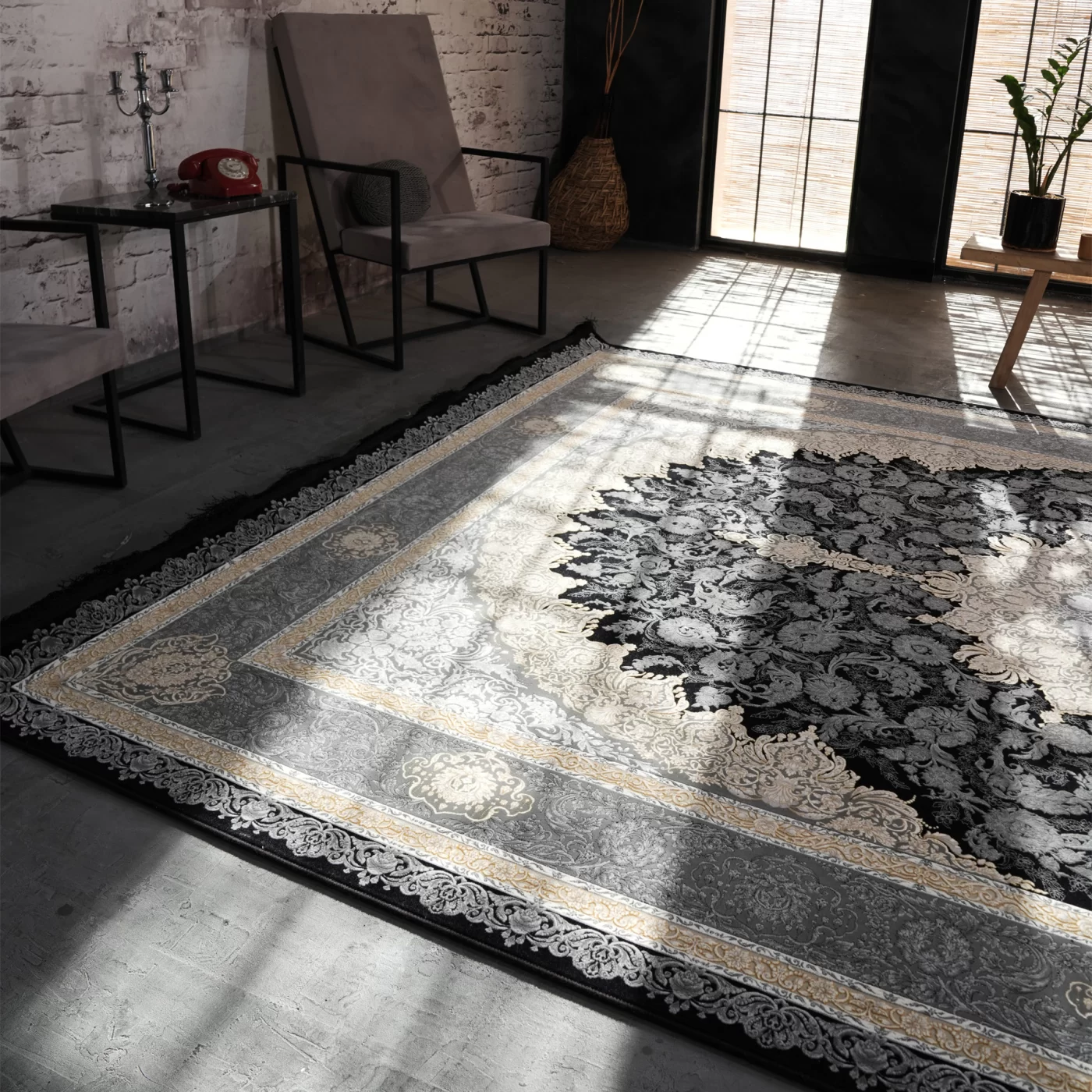 فرش ماشینی 1200 شانه تراکم 3600 گل برجسته طرح مهسان سرمه ای