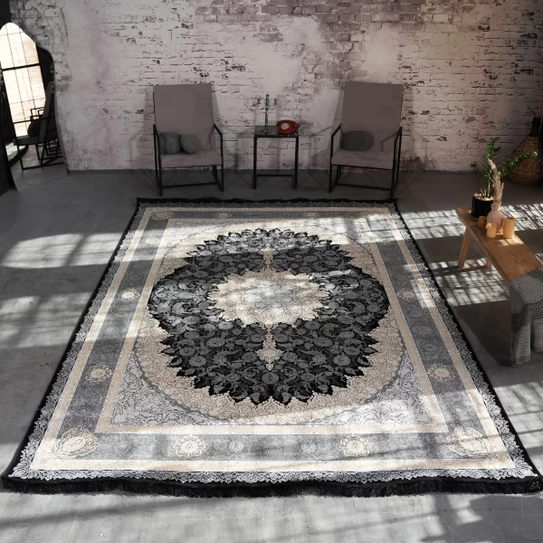 فرش ماشینی 1200 شانه تراکم 3600 گل برجسته طرح مهسان سرمه ای