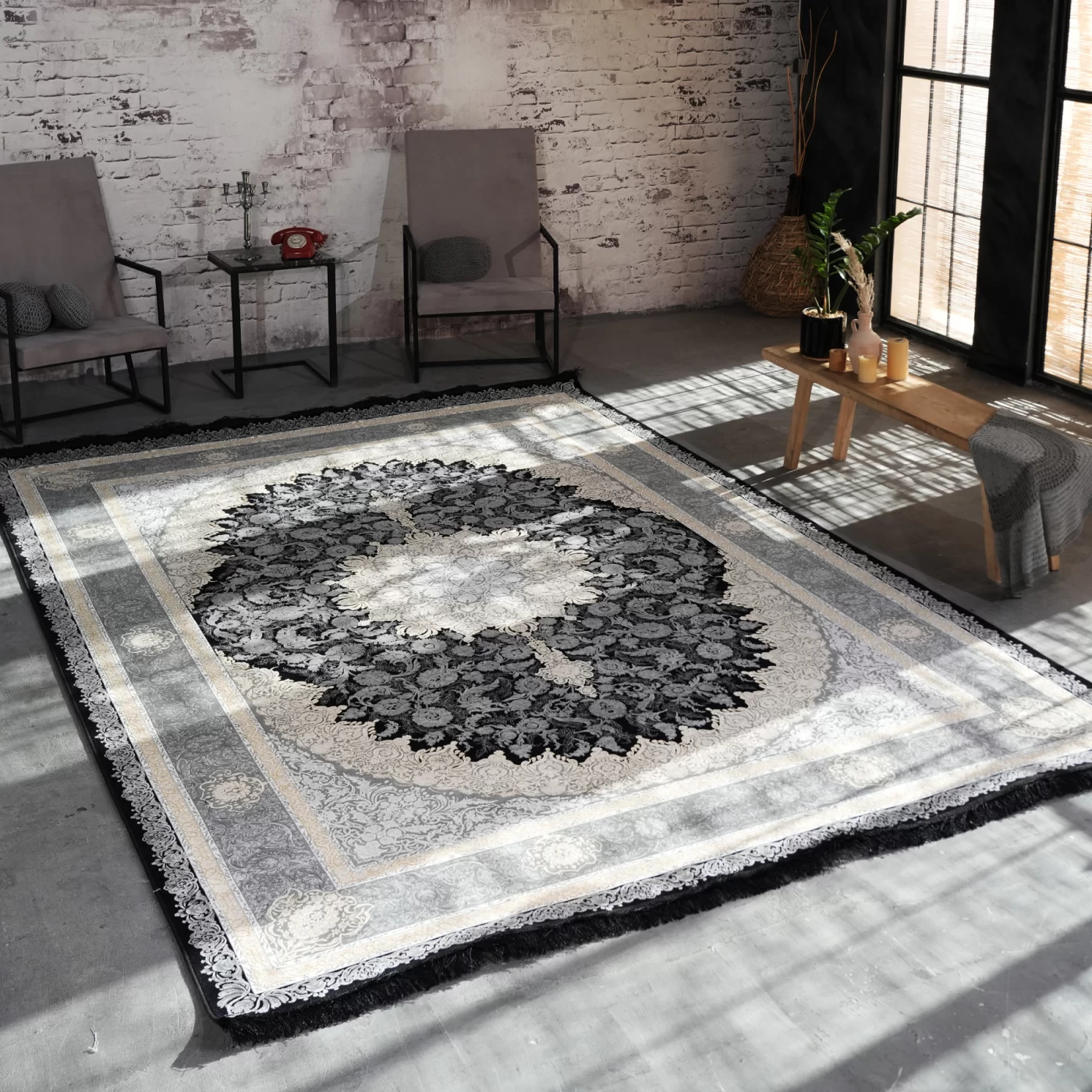 فرش ماشینی 1200 شانه تراکم 3600 گل برجسته طرح مهسان سرمه ای