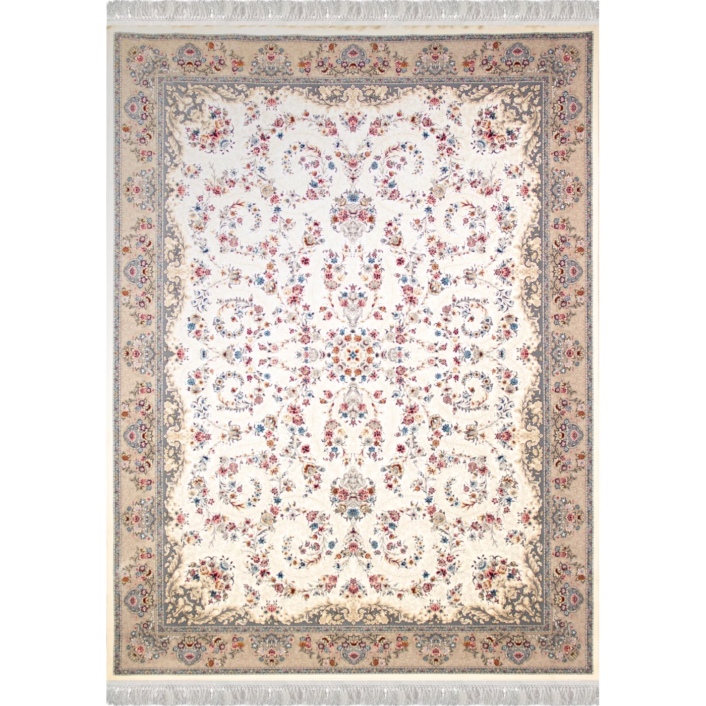 فرش ماشینی 1200 شانه تراکم 3600 گل برجسته طرح محیا کرم