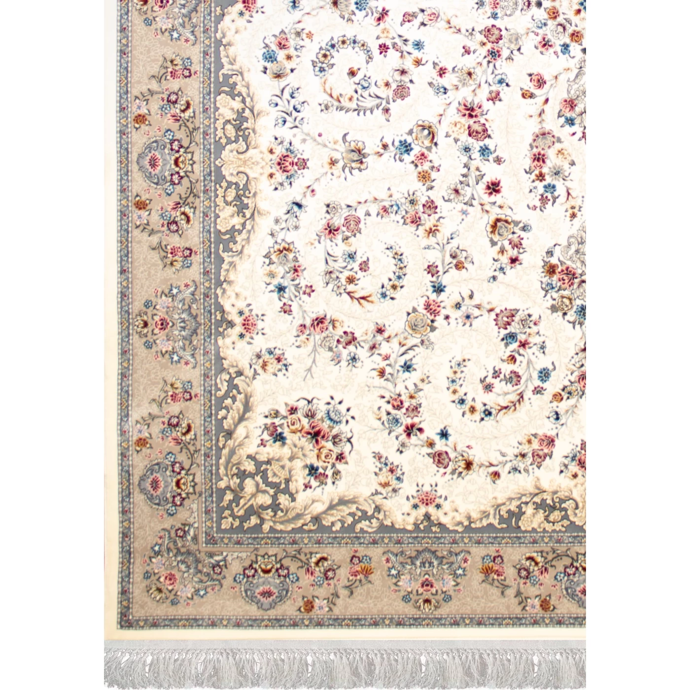 فرش ماشینی 1200 شانه تراکم 3600 گل برجسته طرح محیا کرم