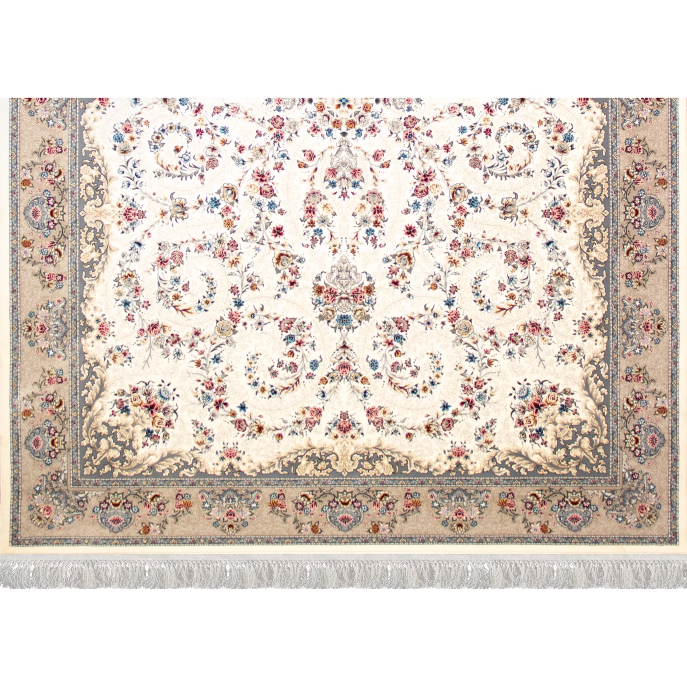 فرش ماشینی 1200 شانه تراکم 3600 گل برجسته طرح محیا کرم