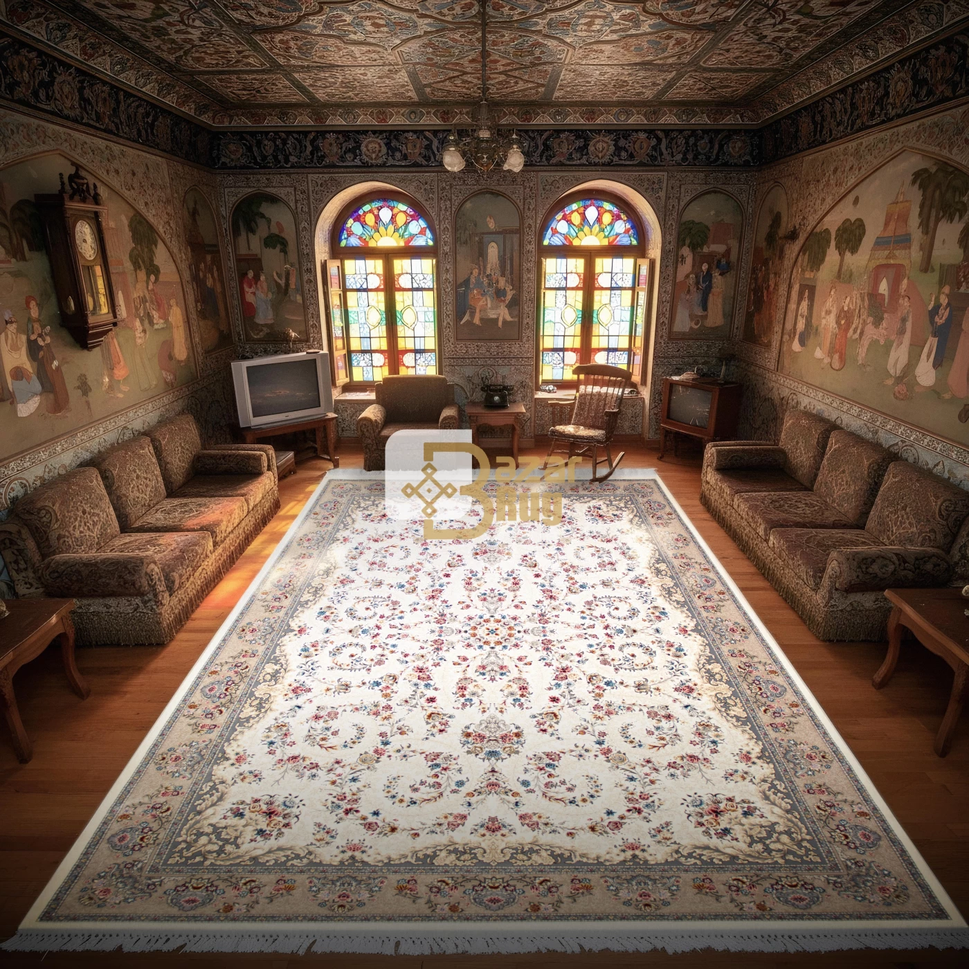 فرش ماشینی 1200 شانه تراکم 3600 گل برجسته طرح محیا کرم