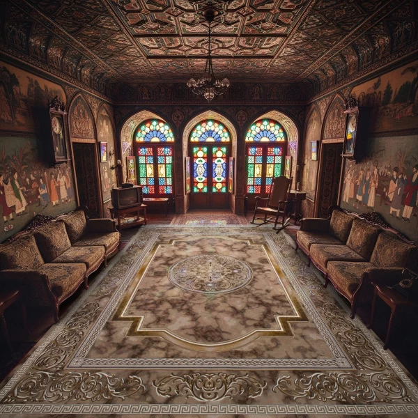 فرش ماشینی ۱۲۰۰ شانه تراکم ۳۶۰۰ گل برجسته طرح مدوسا نسکافه ای