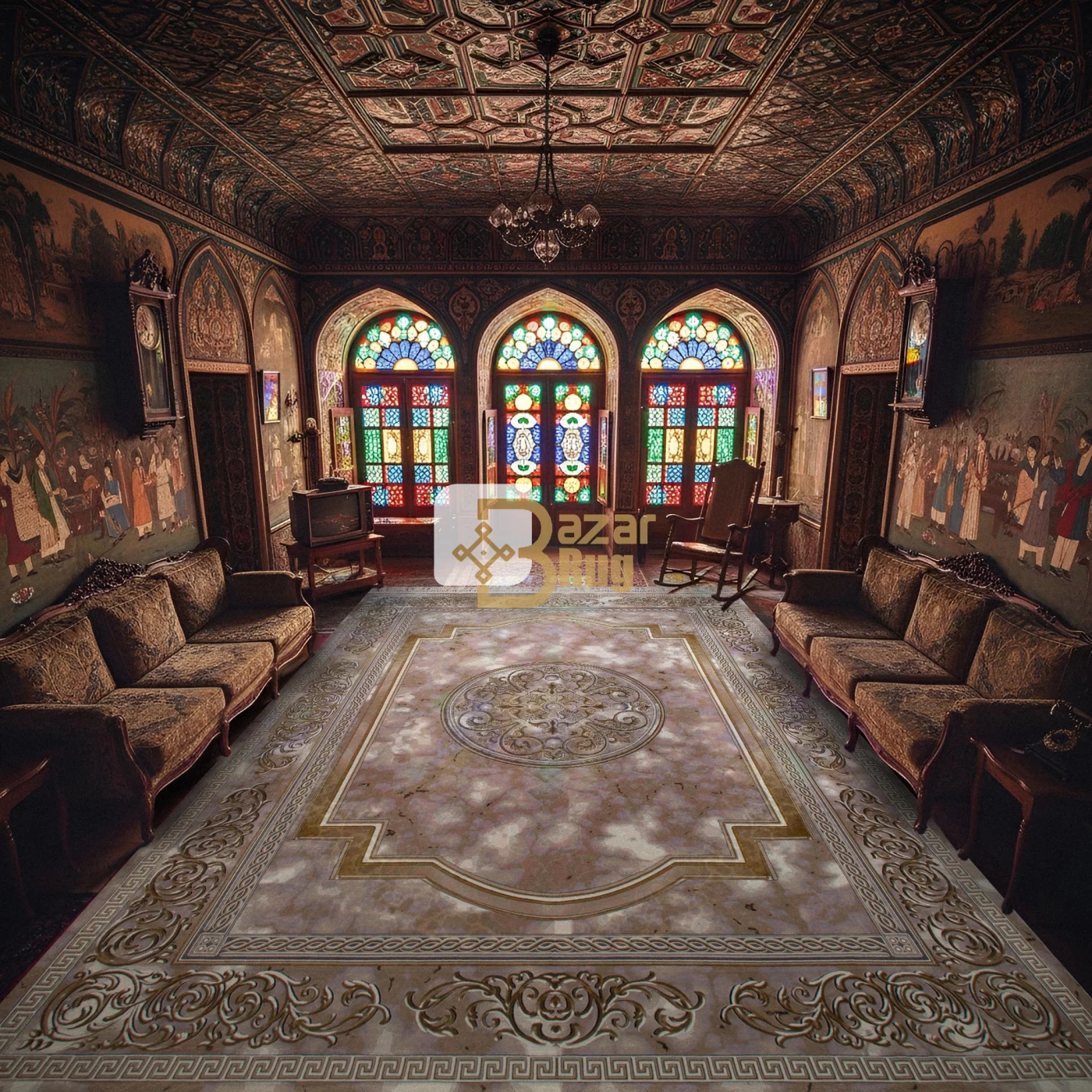 فرش ماشینی ۱۲۰۰ شانه تراکم ۳۶۰۰ گل برجسته طرح مدوسا یاسی