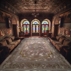 فرش ماشینی ۱۲۰۰ شانه تراکم ۳۶۰۰ گل برجسته طرح مدوسا یاسی - بازارفرش - فرش 1200 شانه