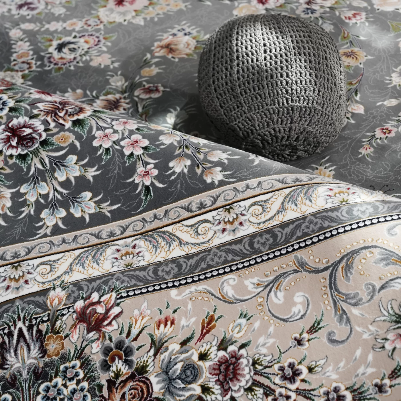 فرش ماشینی 1200 شانه تراکم 3600 گل برجسته طرح ملیکا دلفینی