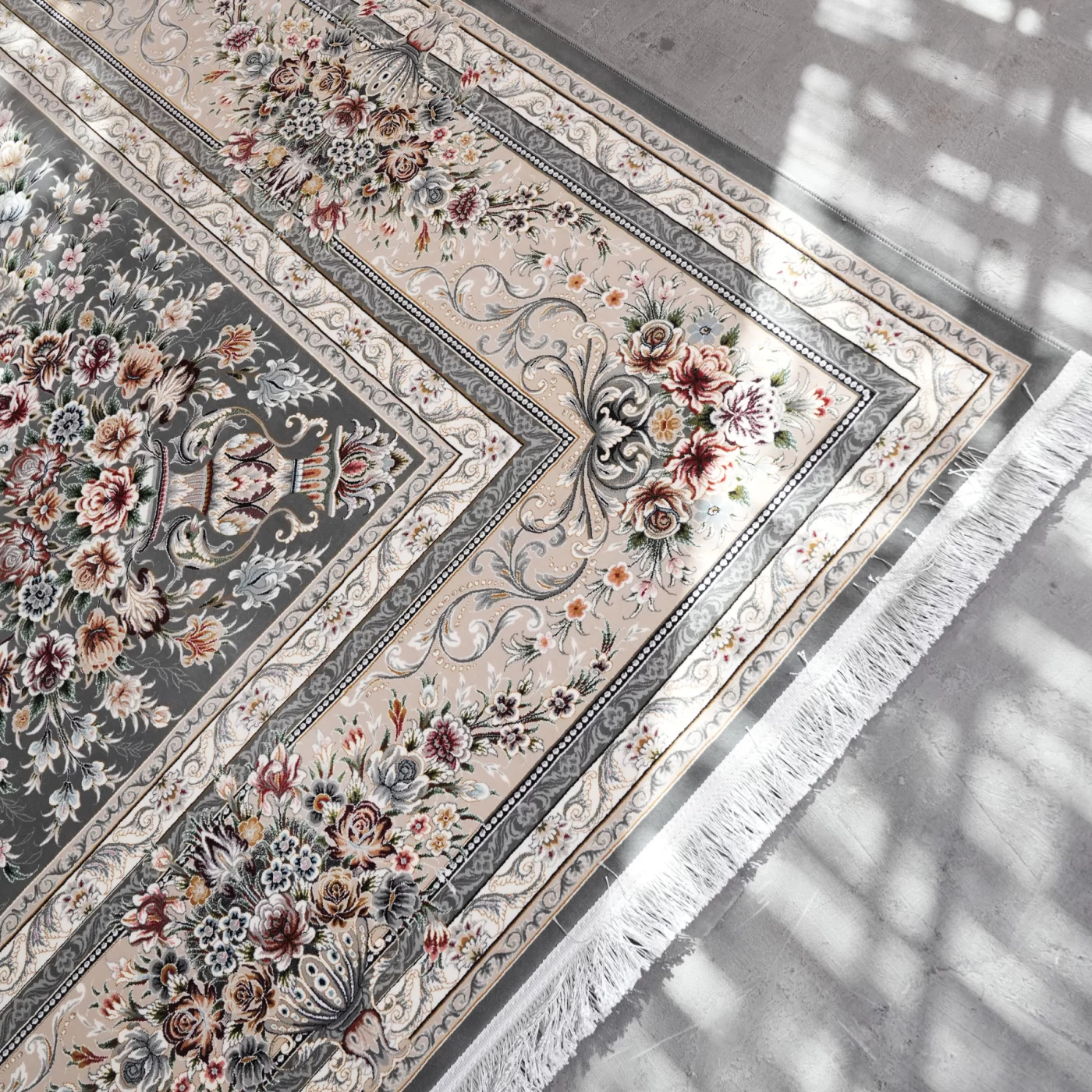 فرش ماشینی 1200 شانه تراکم 3600 گل برجسته طرح ملیکا دلفینی