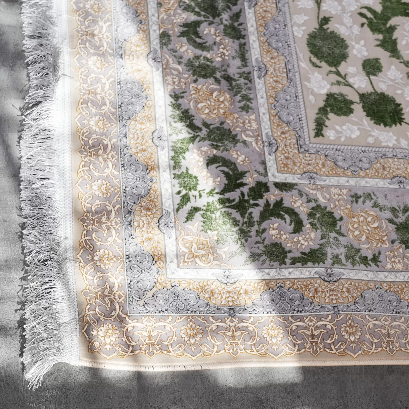 فرش ماشینی 1200 شانه تراکم 3600 گل برجسته طرح ملینا بژ