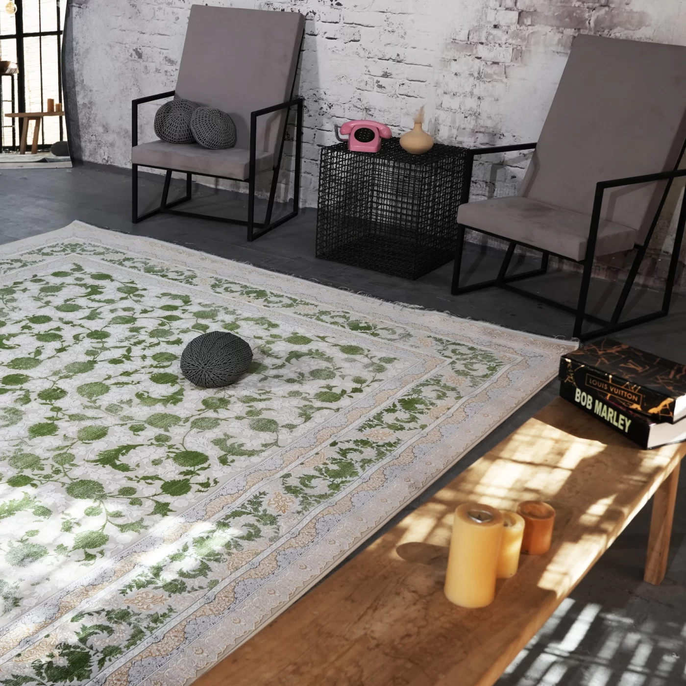 فرش ماشینی 1200 شانه تراکم 3600 گل برجسته طرح ملینا بژ