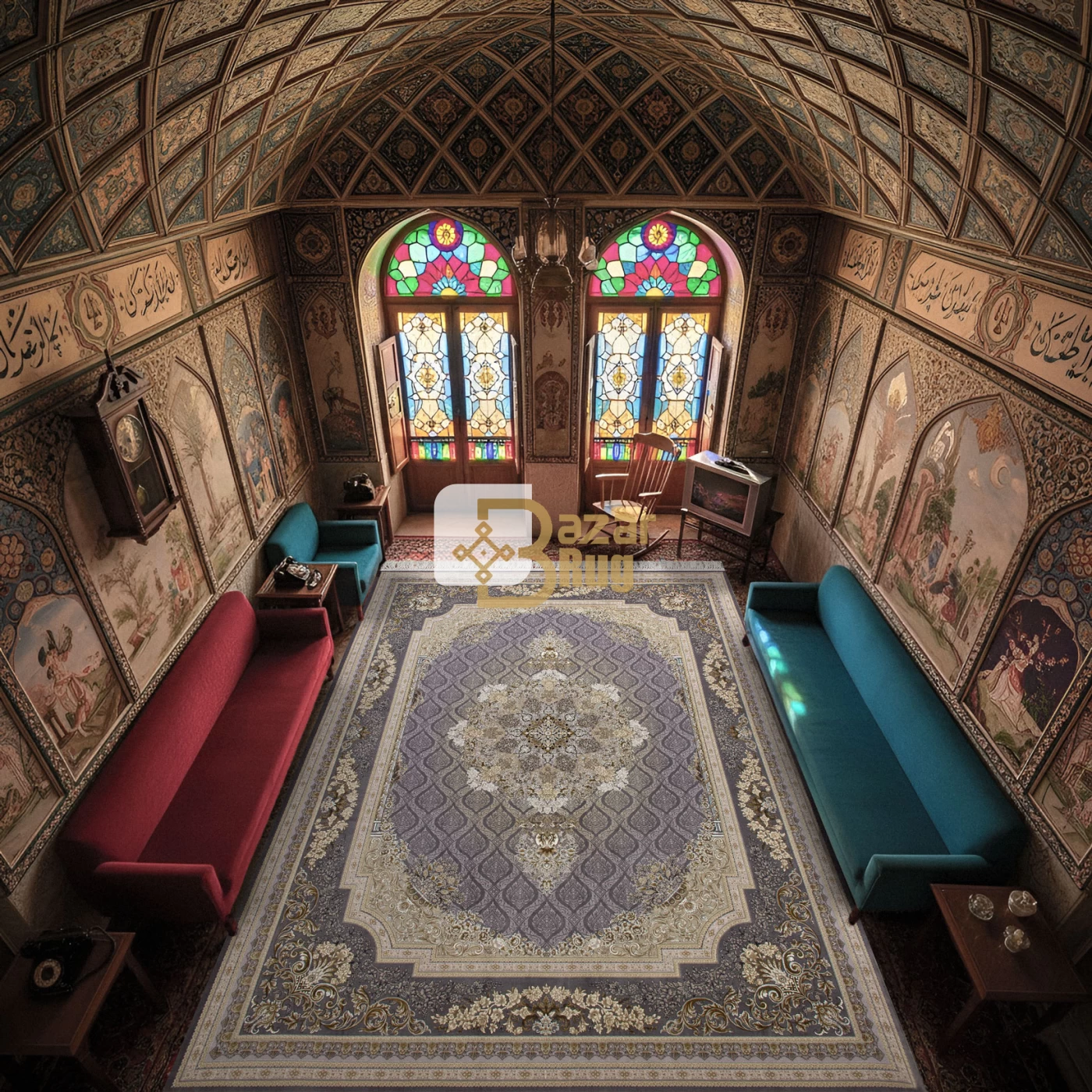 فرش ماشینی 1200 شانه تراکم 3600 گل برجسته طرح مژده دلفینی