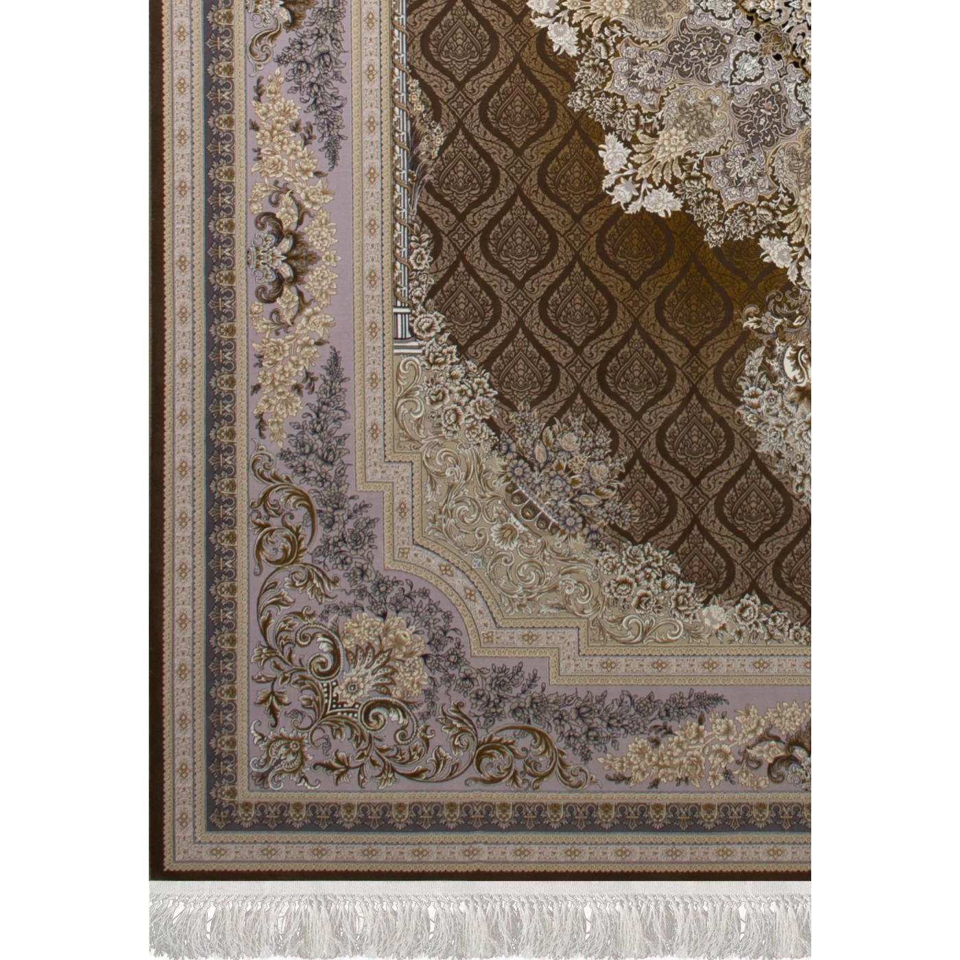 فرش ماشینی ۱۲۰۰ شانه تراکم ۳۶۰۰ گل برجسته طرح مژده شکلاتی