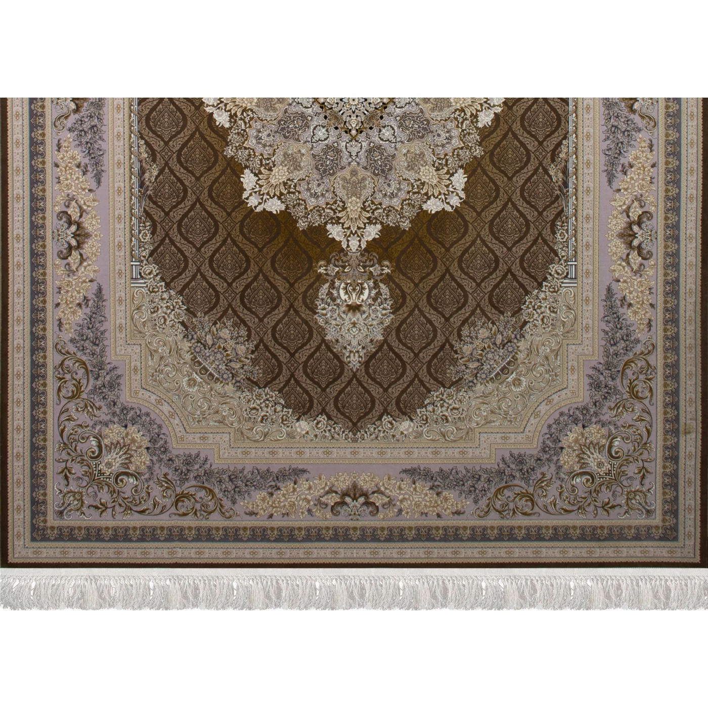 فرش ماشینی ۱۲۰۰ شانه تراکم ۳۶۰۰ گل برجسته طرح مژده شکلاتی