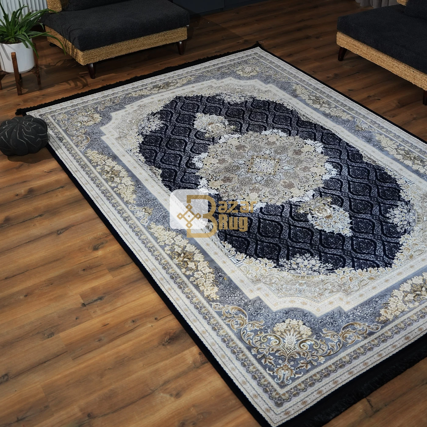  فرش ماشینی 1200 شانه تراکم 3600 گل برجسته طرح مژده سرمه ای