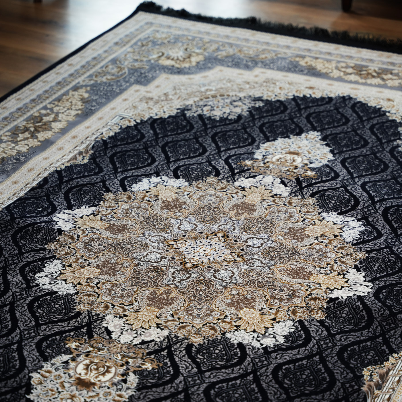  فرش ماشینی 1200 شانه تراکم 3600 گل برجسته طرح مژده سرمه ای