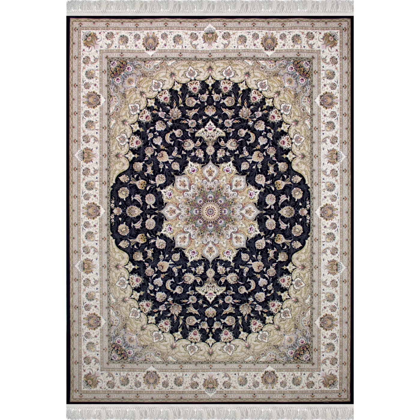 فرش ماشینی ۱۲۰۰ شانه تراکم ۳۶۰۰ گل برجسته طرح نفس سرمه ای