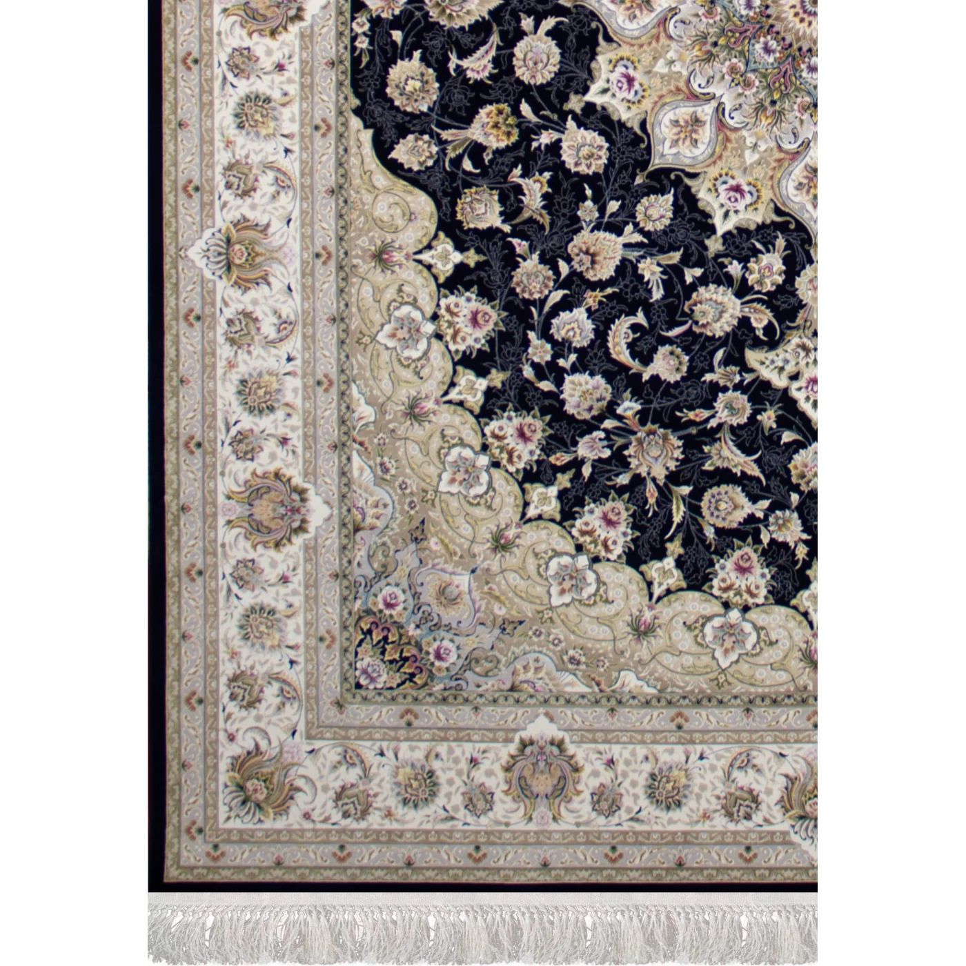 فرش ماشینی ۱۲۰۰ شانه تراکم ۳۶۰۰ گل برجسته طرح نفس سرمه ای