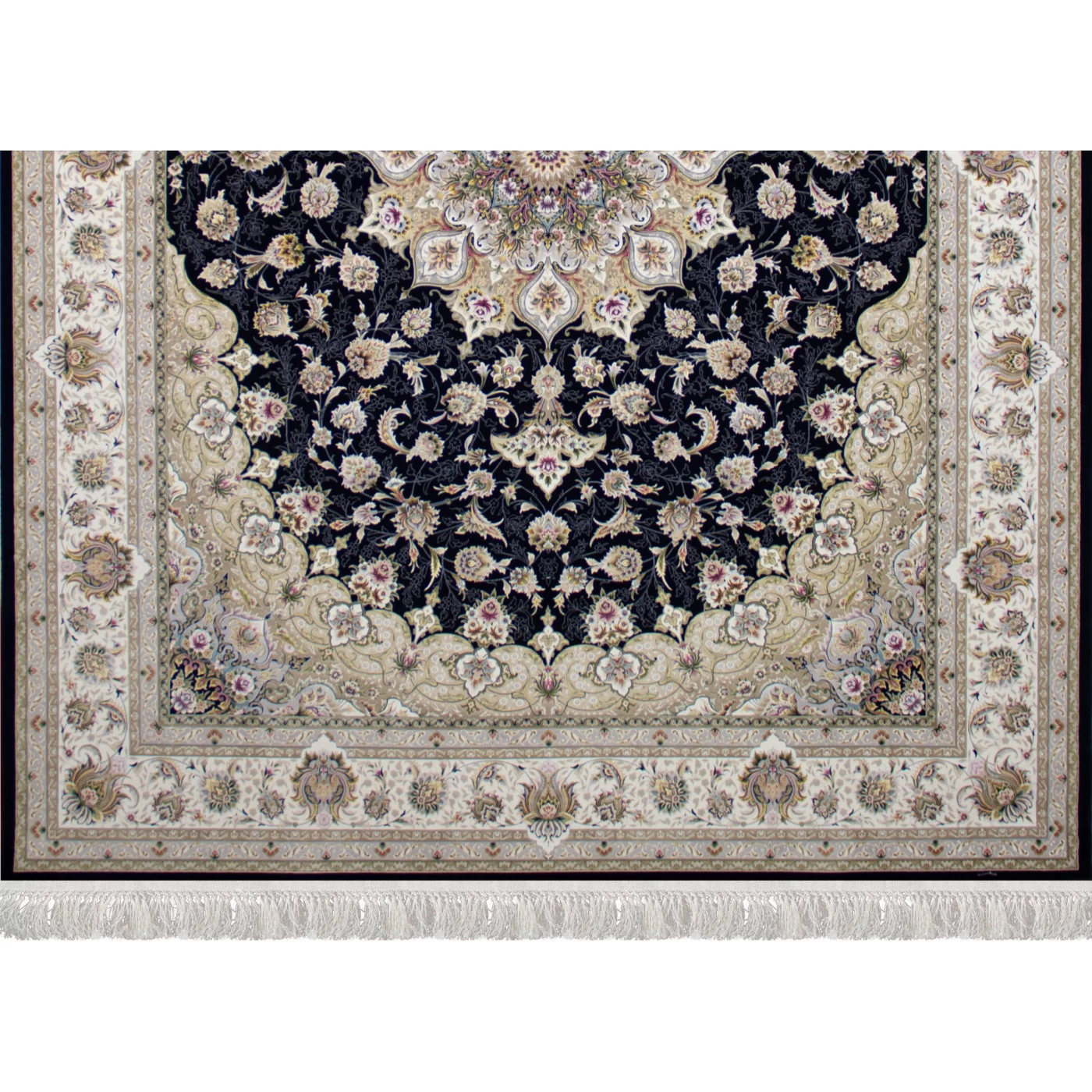 فرش ماشینی ۱۲۰۰ شانه تراکم ۳۶۰۰ گل برجسته طرح نفس سرمه ای