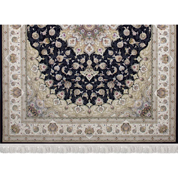 فرش ماشینی ۱۲۰۰ شانه تراکم ۳۶۰۰ گل برجسته طرح نفس سرمه ای