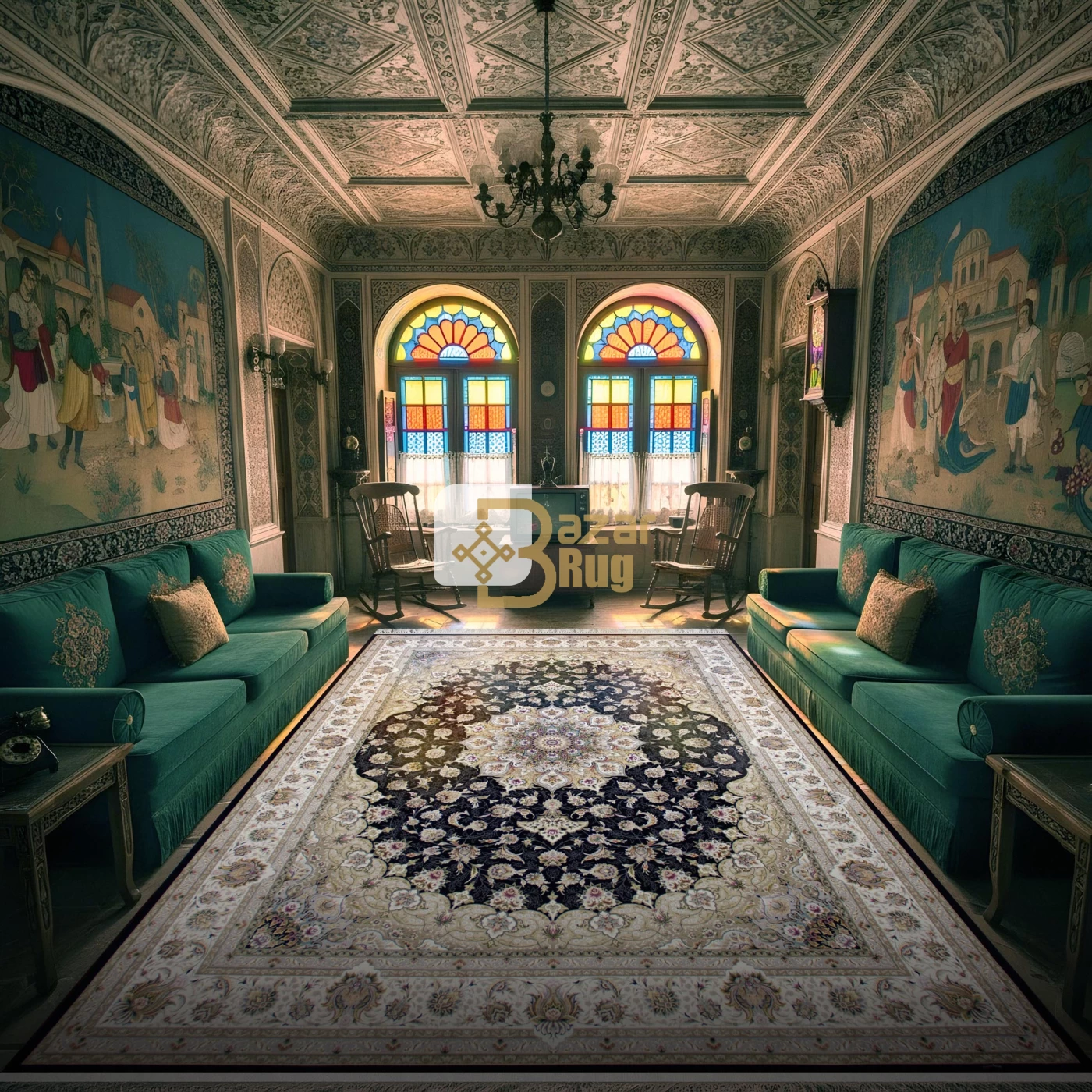 فرش ماشینی ۱۲۰۰ شانه تراکم ۳۶۰۰ گل برجسته طرح نفس سرمه ای