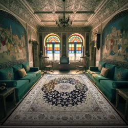 فرش ماشینی ۱۲۰۰ شانه تراکم ۳۶۰۰ گل برجسته طرح نفس سرمه ای - بازارفرش - فرش 1200 شانه