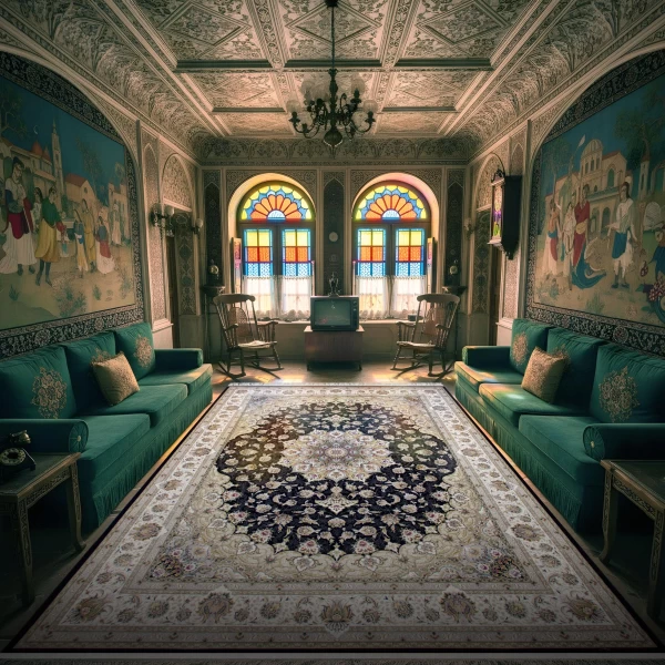 فرش ماشینی ۱۲۰۰ شانه تراکم ۳۶۰۰ گل برجسته طرح نفس سرمه ای