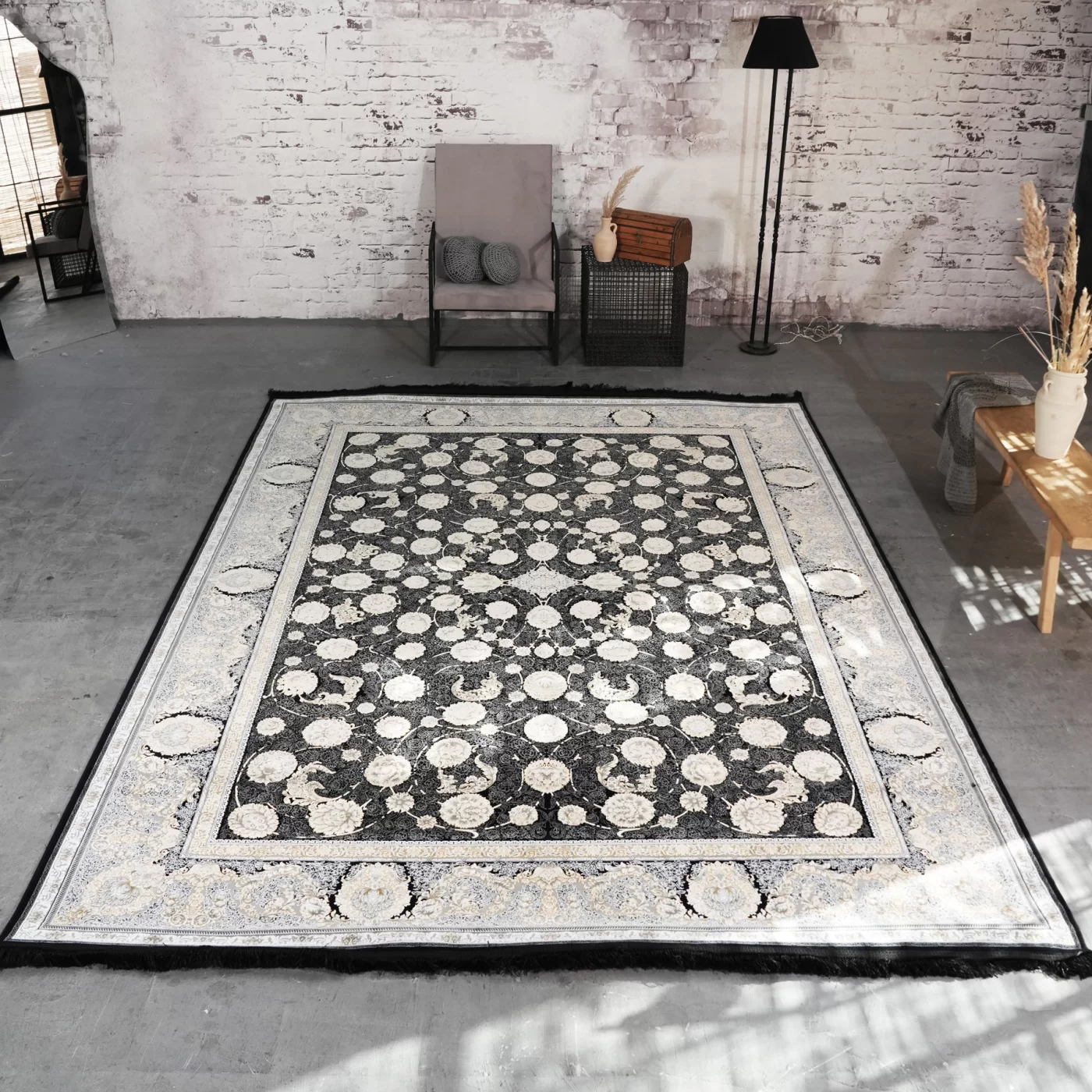 فرش ماشینی 1200 شانه تراکم 3600 گل برجسته طرح ناهید سرمه ای