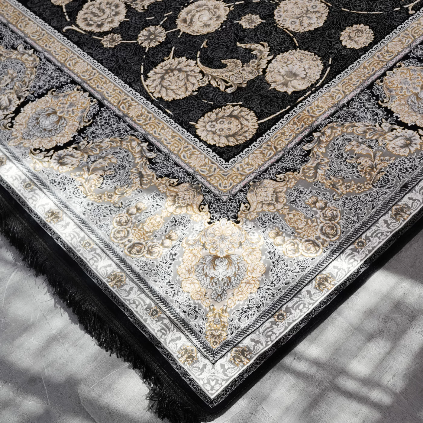 فرش ماشینی 1200 شانه تراکم 3600 گل برجسته طرح ناهید سرمه ای