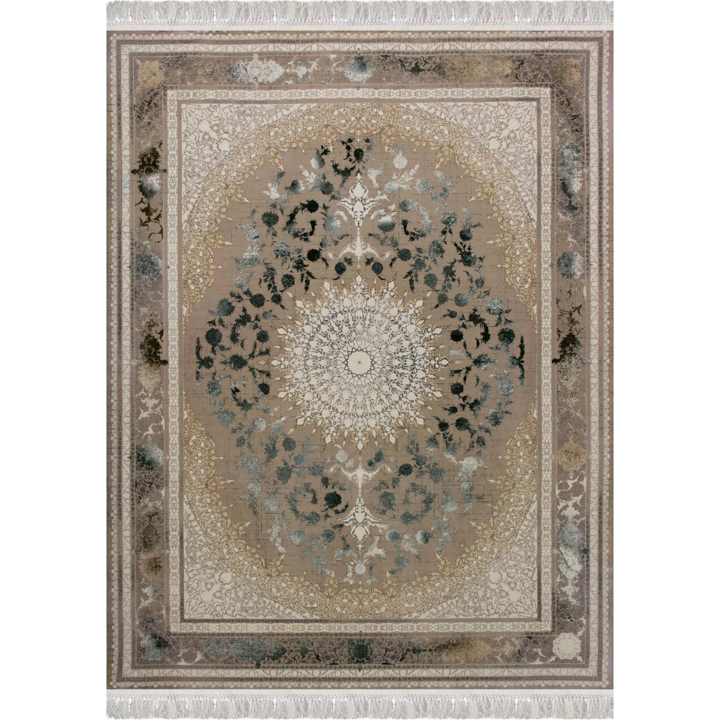 فرش ماشینی ۱۲۰۰ شانه تراکم ۳۶۰۰ گل برجسته طرح نائین	صدفی سبز