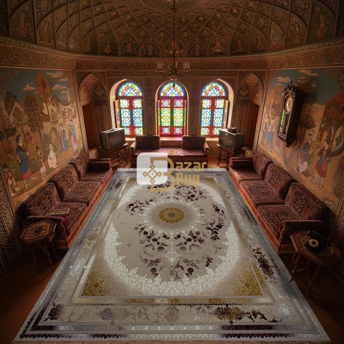 فرش ماشینی ۱۲۰۰ شانه تراکم ۳۶۰۰ گل برجسته طرح نائین صدفی روناسی