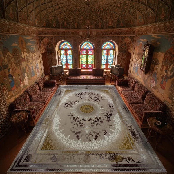 فرش ماشینی ۱۲۰۰ شانه تراکم ۳۶۰۰ گل برجسته طرح نائین صدفی روناسی