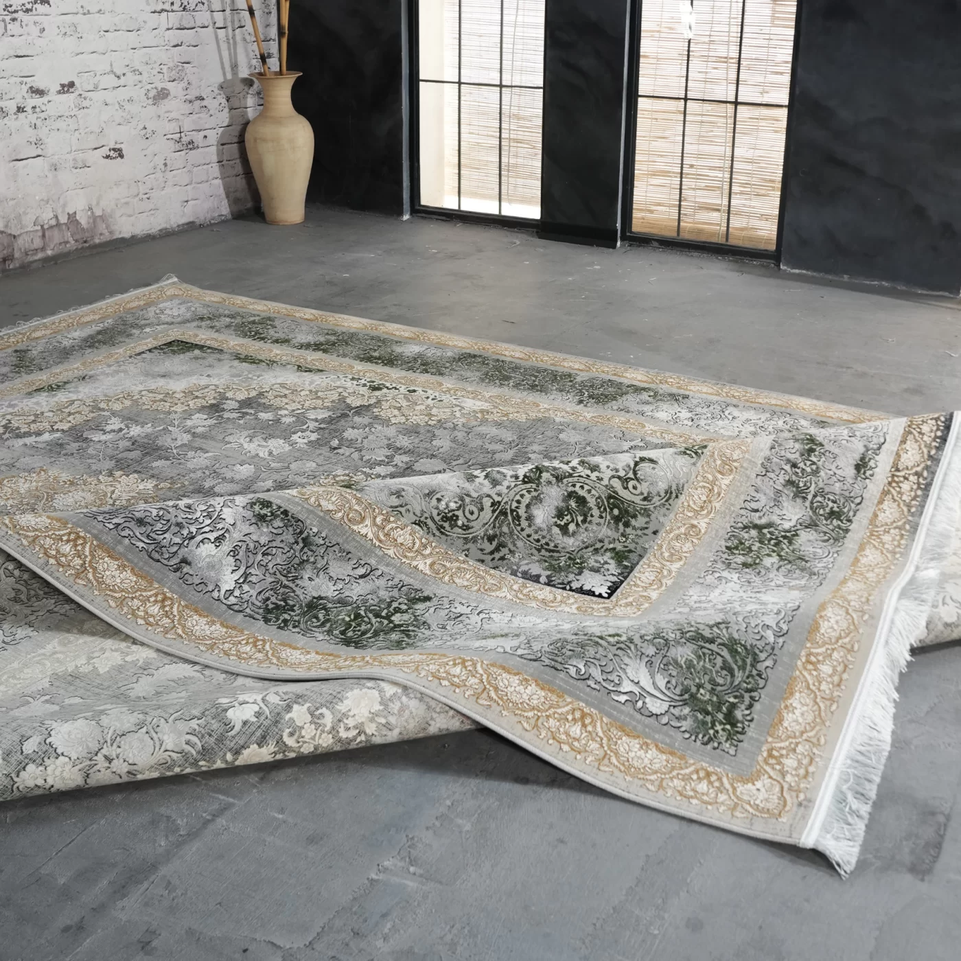 فرش ماشینی 1200 شانه تراکم 3600 گل برجسته طرح نرگس دودی