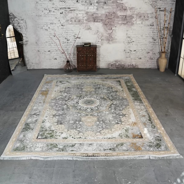 فرش ماشینی 1200 شانه تراکم 3600 گل برجسته طرح نرگس دودی