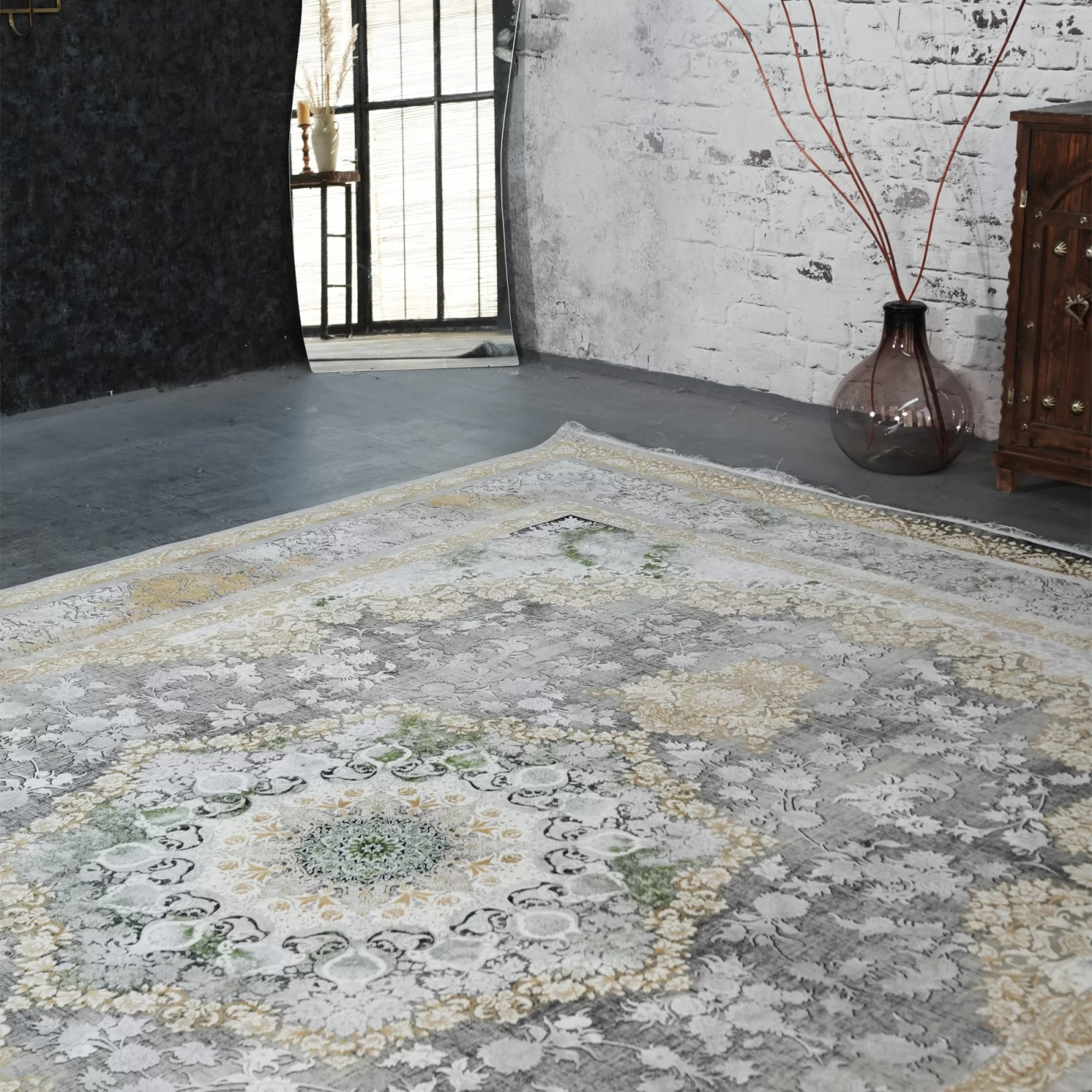 فرش ماشینی 1200 شانه تراکم 3600 گل برجسته طرح نرگس دودی