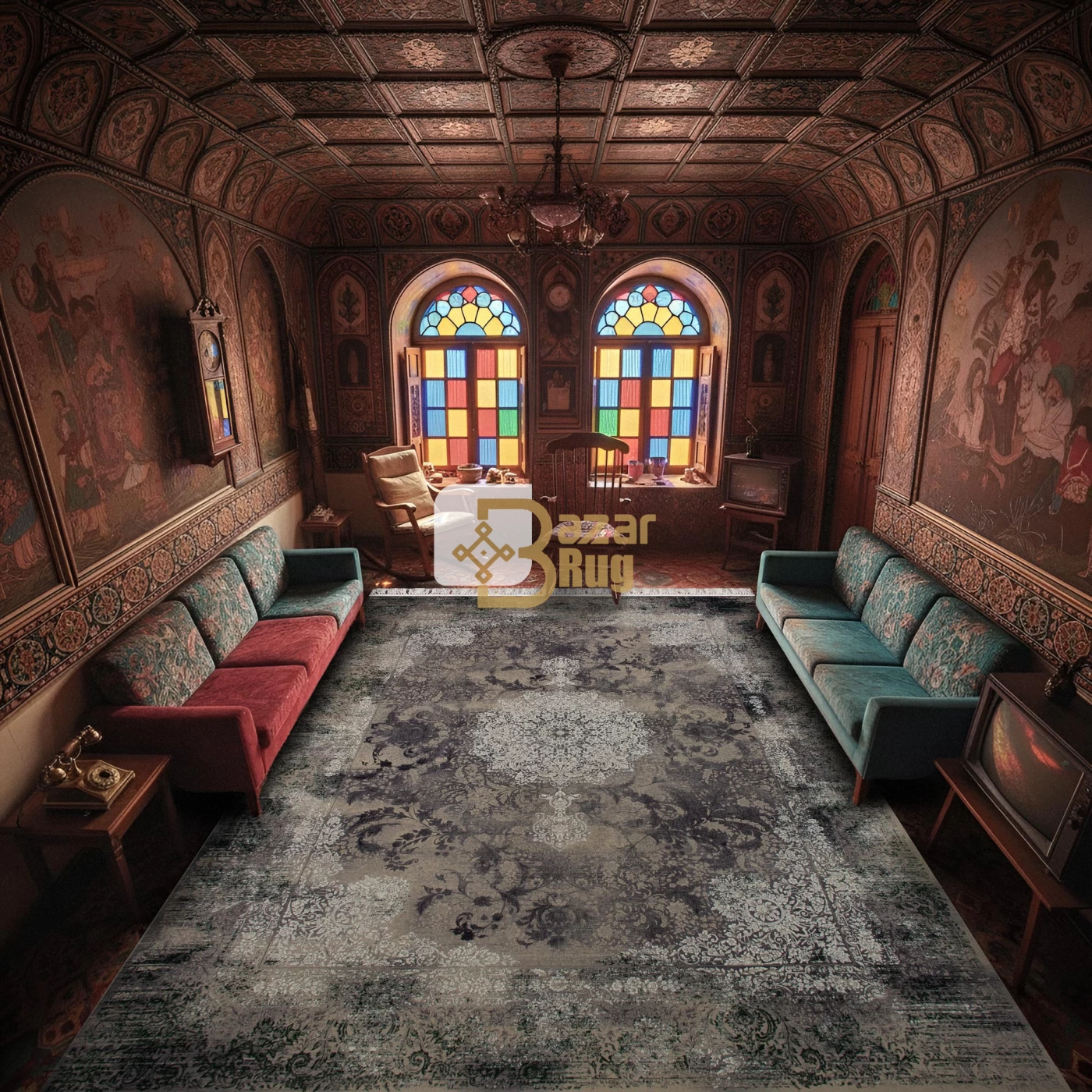 فرش ماشینی ۱۲۰۰ شانه تراکم ۳۶۰۰ گل برجسته طرح نارون صدفی سبز