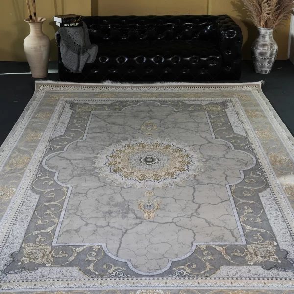 فرش ماشینی 1200 شانه تراکم 3600 گل برجسته طرح نسیم بژ