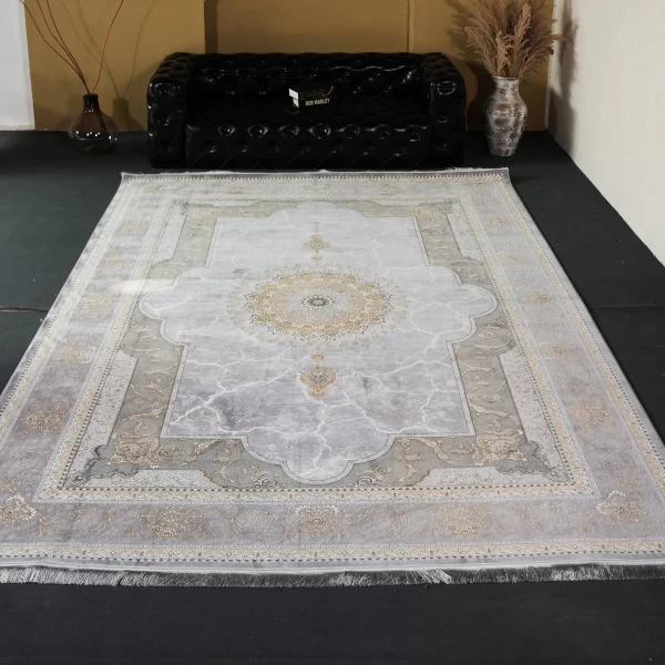 فرش ماشینی 1200 شانه تراکم 3600 گل برجسته طرح نسیم نقره ای