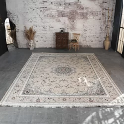 فرش ماشینی 1200 شانه تراکم 3600 گل برجسته طرح پرند بژ طلا کوب - بازارفرش - فرش 1200 شانه