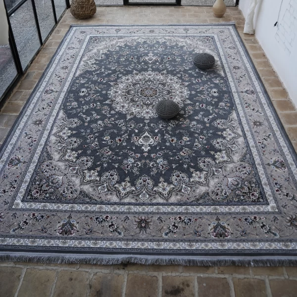 فرش ماشینی 1200 شانه تراکم 3600 گل برجسته طرح پرند دلفینی