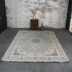 فرش ماشینی 1200 شانه تراکم 3600 گل برجسته طرح پرند نقره ای طلا کوب - بازارفرش - فرش 1200 شانه