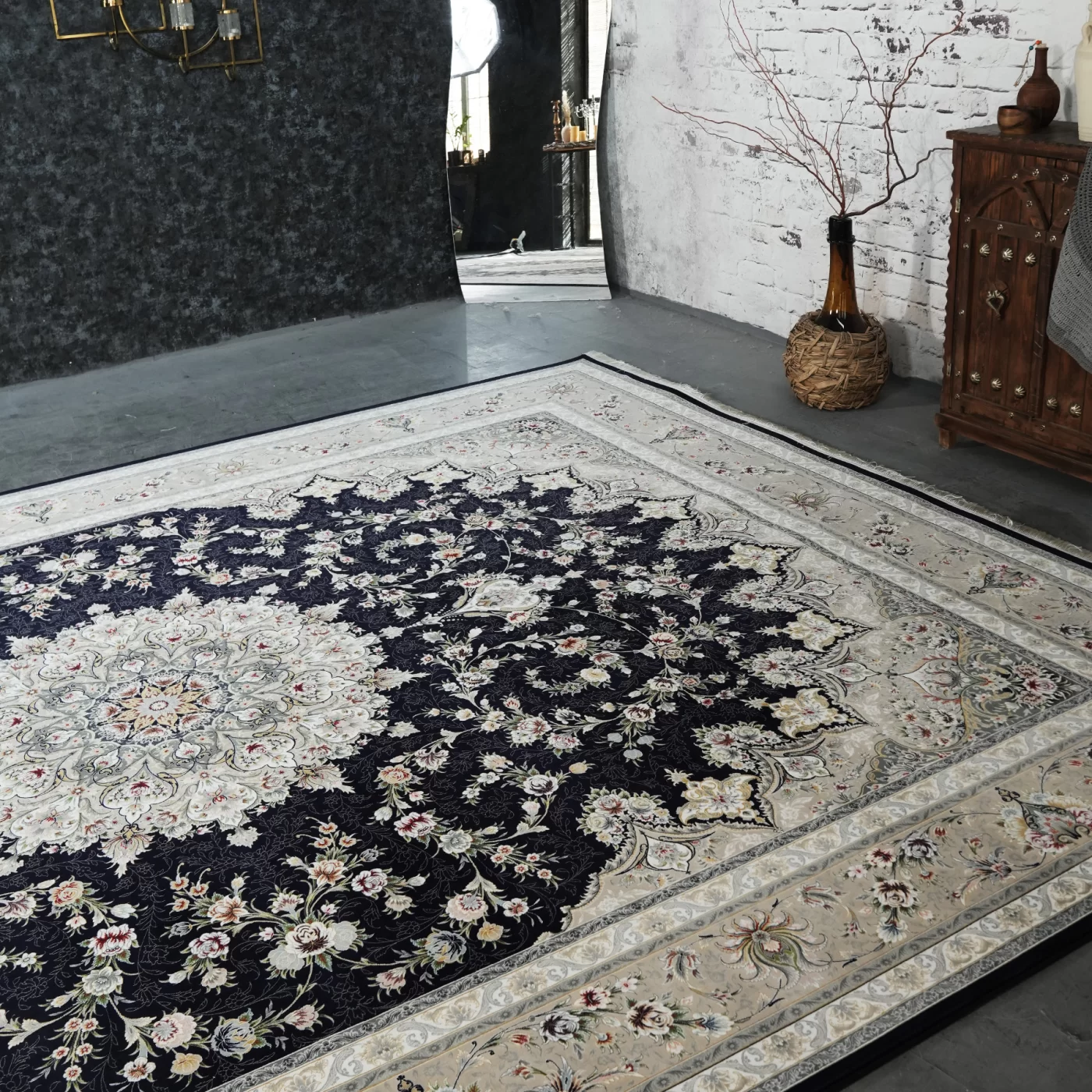 فرش ماشینی 1200 شانه تراکم 3600 گل برجسته طرح پرند سرمه ای