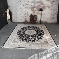 فرش ماشینی 1200 شانه تراکم 3600 گل برجسته طرح پرند سرمه ای - بازارفرش - فرش 1200 شانه