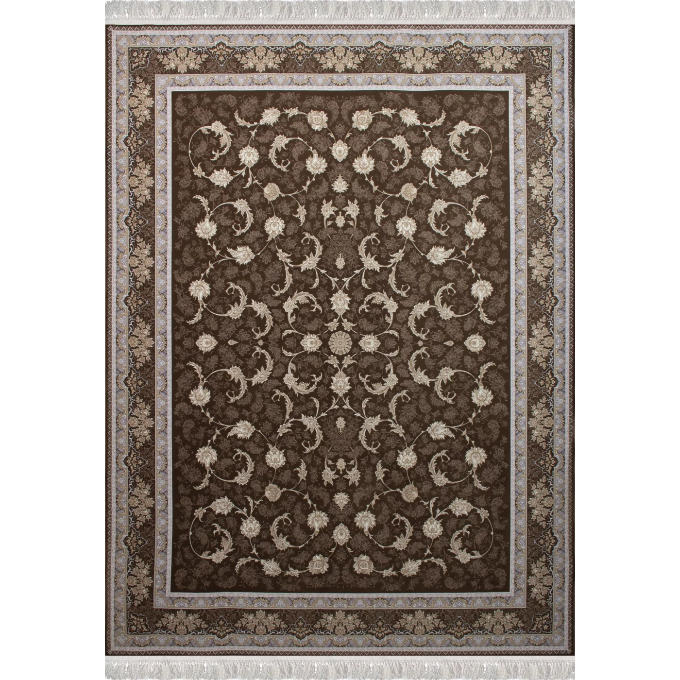 فرش ماشینی 1200 شانه تراکم 3600 گل برجسته طرح پریماه شکلاتی