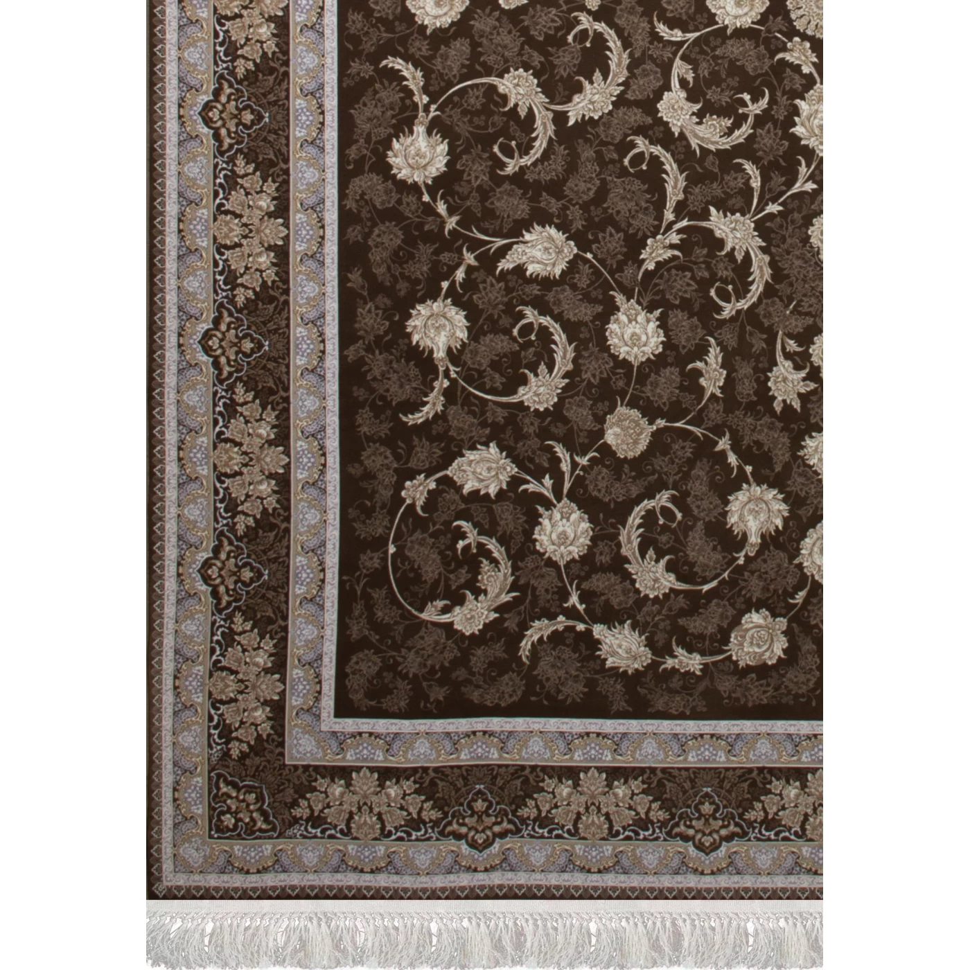 فرش ماشینی 1200 شانه تراکم 3600 گل برجسته طرح پریماه شکلاتی